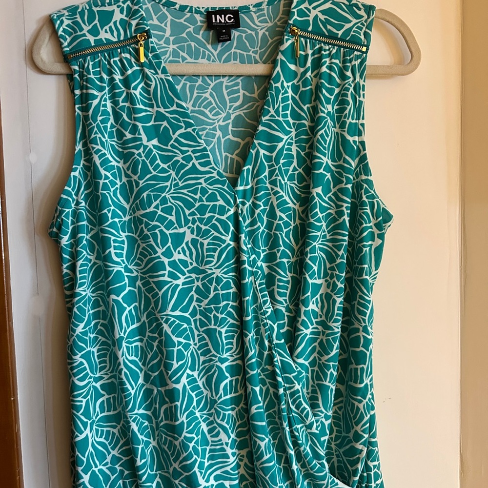 INC International Concepts Teal and White Sleeveless Wrap Top
